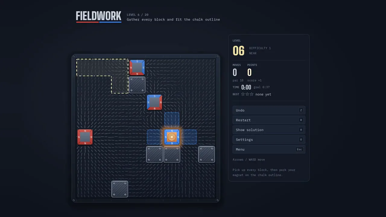 FieldWork gameplay: a magnet with blocks snapped onto it.